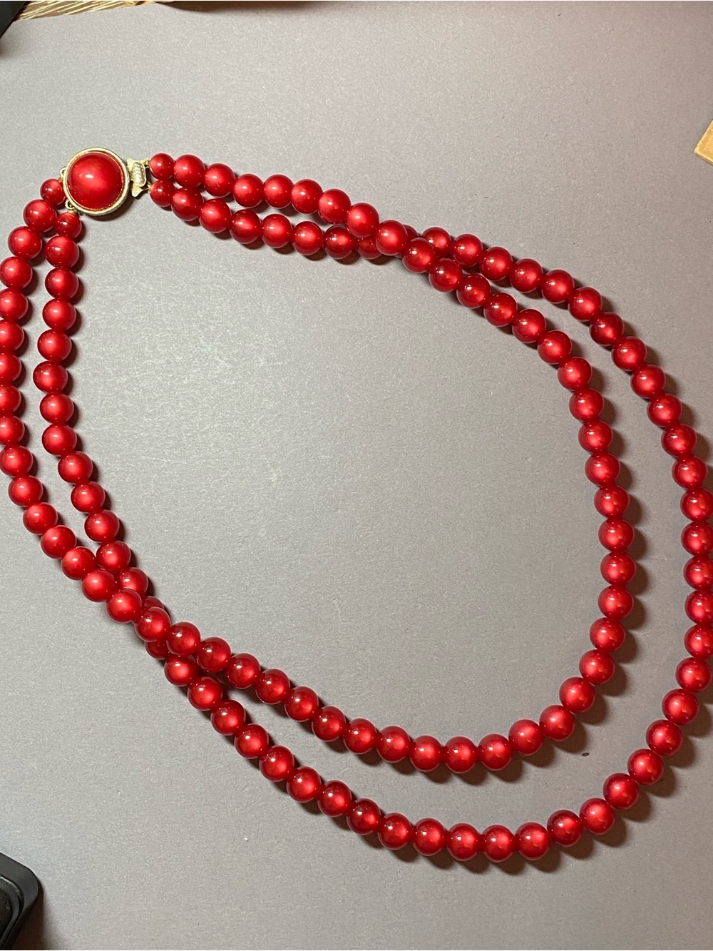 Vintage double strand red cranberry moonglow lucite necklace